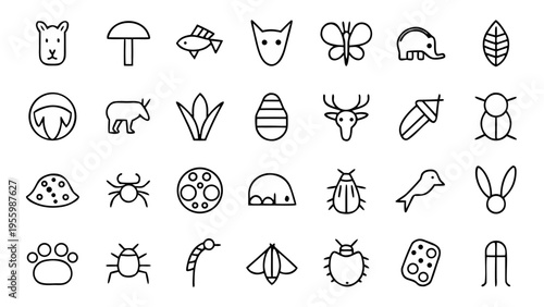 A collection of thirty minimalist white line icons displays various animals and zoological categories in a grid on a black surface.