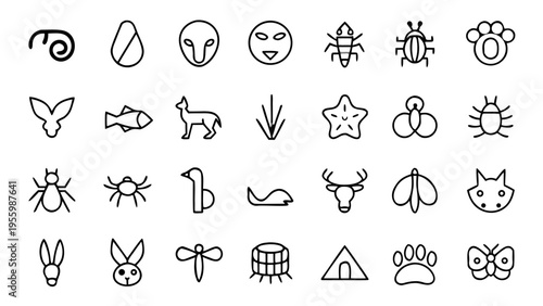 An assortment of thirty thin white line icons portrays various animals and zoological symbols set against a dark monochromatic background.