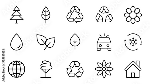 A group of thirty thin line icons illustrates sustainability concepts and renewable energy sources arranged in rows on a black background.