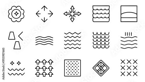 A collection of thirty-two white line icons shows various textile characteristics and fabric features in a grid on a black background.