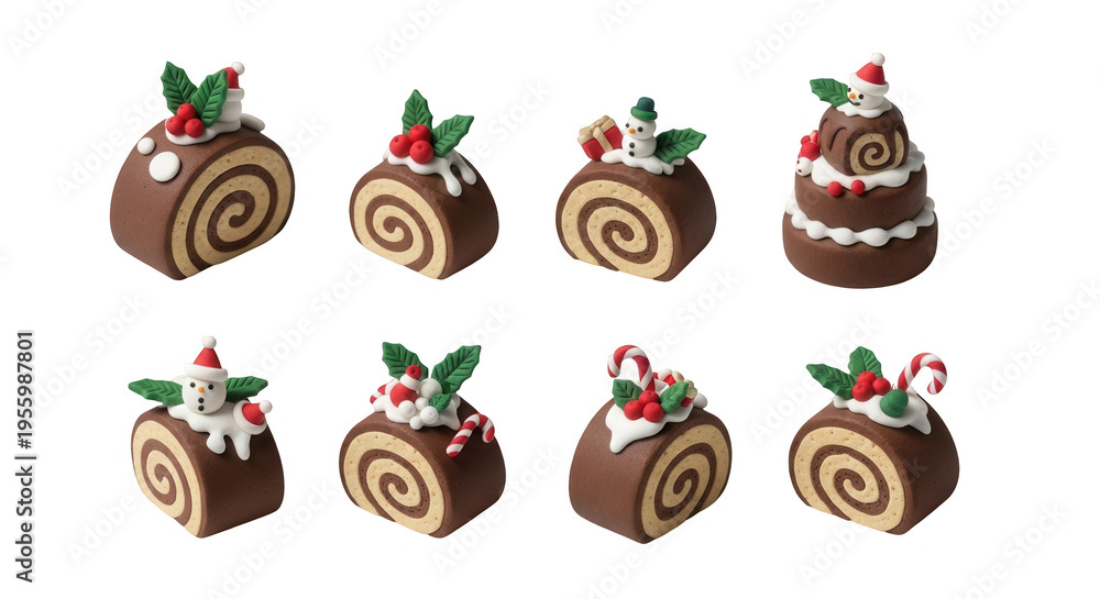 Fototapeta premium miniature christmas yule log cakes on white festive decoration and celebration holiday greetings