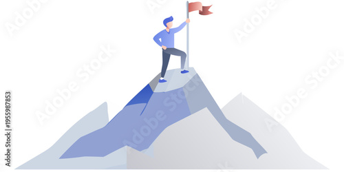 A man stands triumphantly on a mountaintop waving a flag