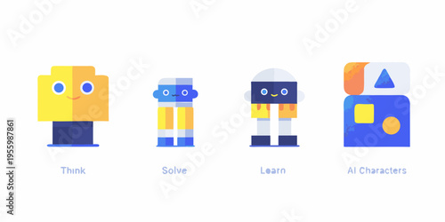 Four colorful geometric robot characters represent thinking and artificial intelligence