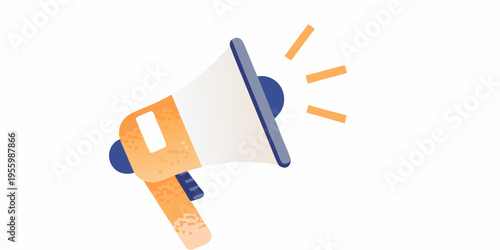 Stylized illustration of an orange and blue megaphone with sound waves