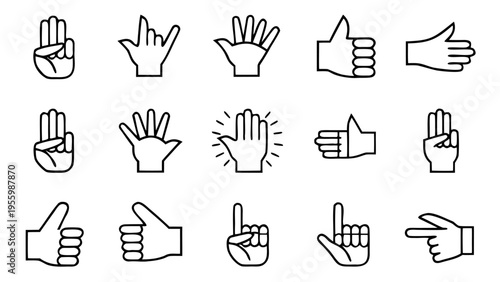 A set of thirty-two white line icons shows different human hand gestures and signals arranged in a grid on a black background.