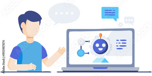 Man interacting with a robot displayed on a laptop screen