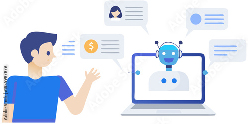 Man interacting with a robot via a laptop and messaging bubbles