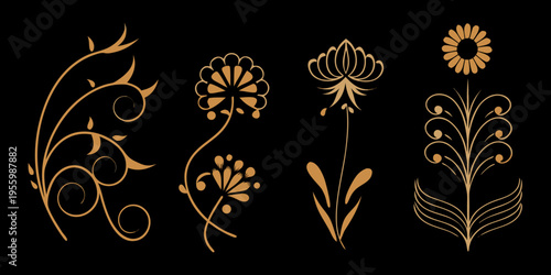 Elegant golden floral design elements arranged on a black background