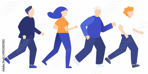Four people are depicted running or walking in a minimalist illustration