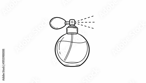 Vintage perfume bottle spraying fragrance, elegant retro atomizer with glass flask, isolated on white