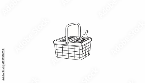 Vintage Picnic Basket with Bottle, Hand-Drawn Line Art Illustration