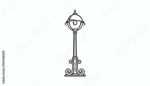 Vintage Street Lamp Post Outline Drawing, Classic Outdoor Lighting Fixture