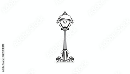 Vintage Street Lamp Post, Ornate Design, Black and White Illustration