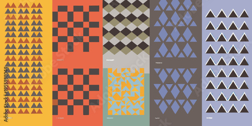 A colorful geometric pattern featuring repeating triangular and diamond shapes