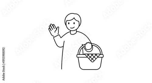 Waving person with picnic basket, simple line drawing, friendly greeting, outdoor activity