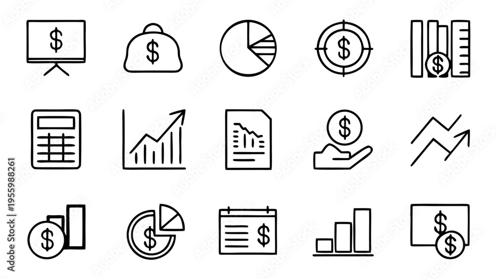 Fototapeta premium A collection of thirty-three white outline icons showing business profit indicators like upward arrows and money bags over a black background.