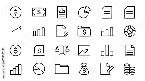 Thirty-three minimalist white outline icons illustrating business profit and loss metrics such as downward arrows on a solid black background.