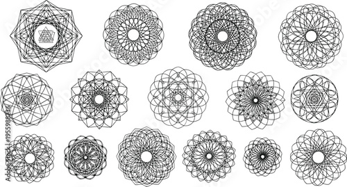  Ornate guilloche pattern set featuring intricate geometric mandala line art for security certificate border diploma decoration luxury branding and symmetrical circular ornament design