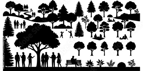 Stylized park landscape with people and trees silhouettes in layered composition black vector isolated on white