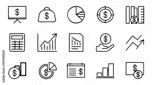 A collection of thirty-three white outline icons showing business profit indicators like upward arrows and money bags over a black background.