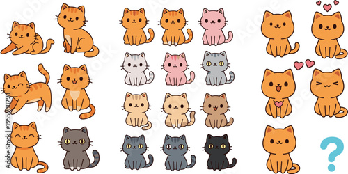Set of cute kawaii cat characters in various poses and colors including orange ginger grey and black kittens with different facial expressions for sticker design and emoji collection