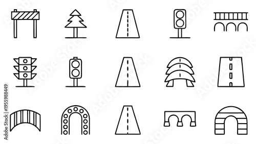 A full set of thirty-three white outline icons representing various road services like gas stations and parking on a black background.