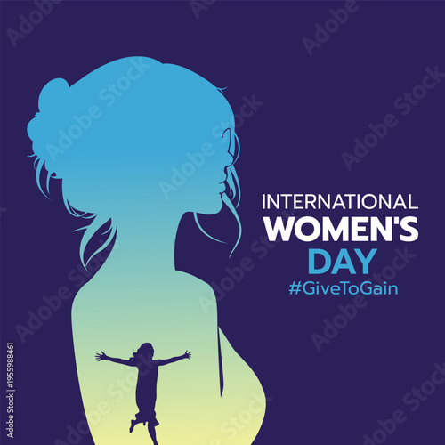 A powerful purple vector illustration of two women for International Women's Day, featuring the "#GiveToGain" hashtag. Perfect for cards, posters, and campaigns.
