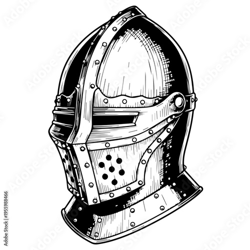 Illustration of a detailed medieval knight's helmet in black and white.