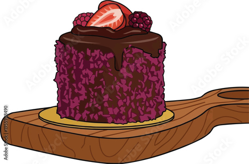 Chocolate Berry Cake on Wooden Board Illustration