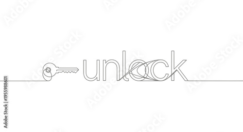 Unlock word with key icon, continuous line drawing, concept of access and solution