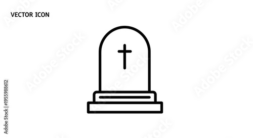 Vector Icon of a Tombstone with a Cross, Symbolizing Death and Remembrance
