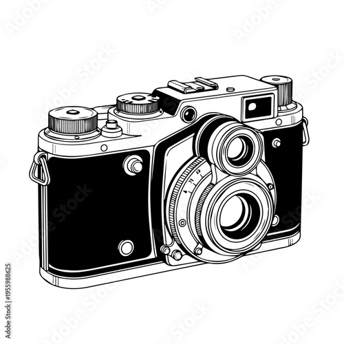 Vintage-style camera illustration highlighting classic film photography gear and retro design.