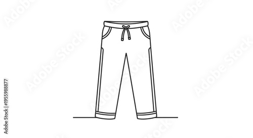 Simple Line Drawing of Kids Pants with Drawstring and Pockets, Isolated on White Background