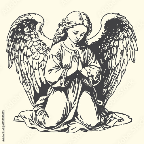Kneeling Angel with Folded Hands, Vintage Illustration Style