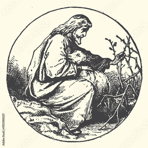 Jesus Christ Kneeling with Thorns and Lamb, Vintage Religious Art