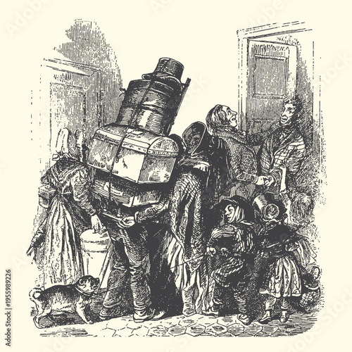 People Carrying Luggage in a Busy Street, Vintage Illustration