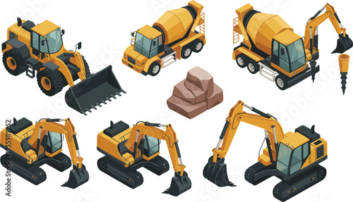 Construction machinery vector illustration set featuring excavators loaders concrete mixer trucks drilling equipment for engineering building and excavation projects