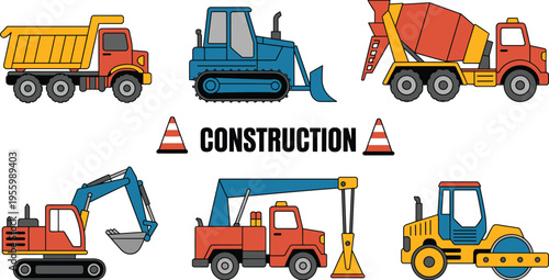 Construction vehicles set vector illustration featuring excavator bulldozer dump truck crane mixer roller equipment machinery for building site engineering projects