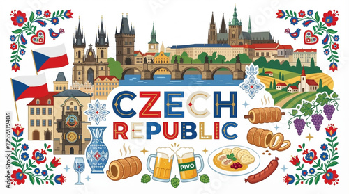 Vector Illustration of Czech Republic Culture with Prague, Architecture, and Local Traditions