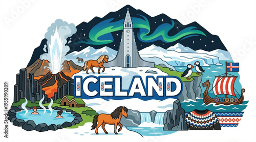 Vibrant Iceland Cultural Elements Vector Illustration with Hallgrímskirkja, Volcanoes, and Viking Heritage