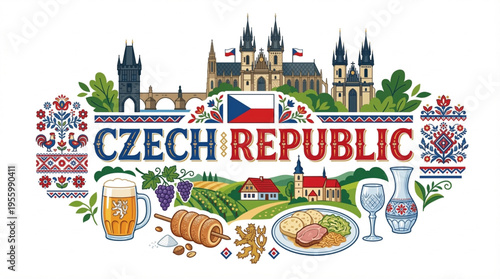 Vector Illustration of Czech Republic Culture with Prague, Architecture, and Local Traditions
