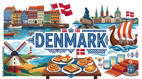 Vector Illustration of Denmark Culture with Nyhavn, Viking Ships, and Local Traditions
