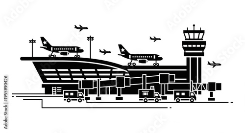 Airport Terminal with Airplanes Taking Off and Landing Illustration.