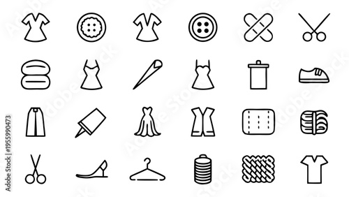 Forty-five white line icons depicting sewing accessories like a measuring tape and an iron are neatly arranged on a solid black background.