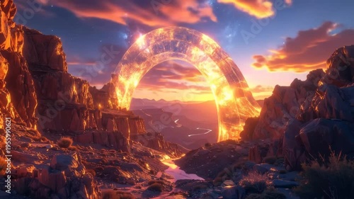Glowing portal archway above canyon landscape at sunset