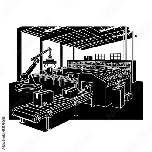 Automated Factory Assembly Line with Robotic Arm and Conveyor Belt.