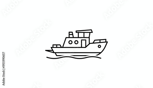 Simple Line Art Icon of a Motorboat Sailing on Wavy Water