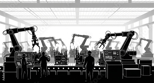 Automated Factory Assembly Line with Robotic Arms and Workers.