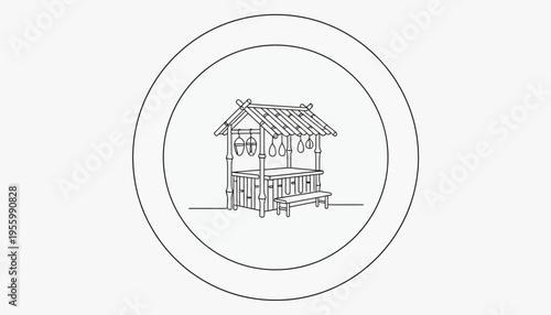 Rustic Wooden Hut with Thatch Roof and Hanging Lanterns in Circle