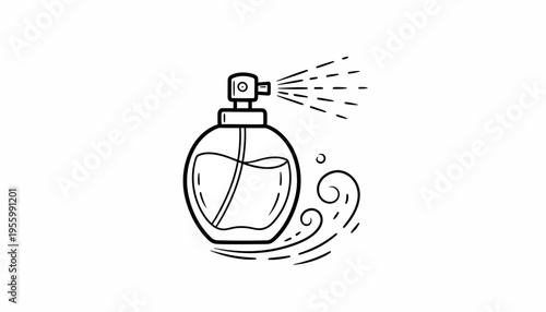 Perfume Bottle Spraying Fragrance Mist with Swirls and Bubbles - Line Art Icon